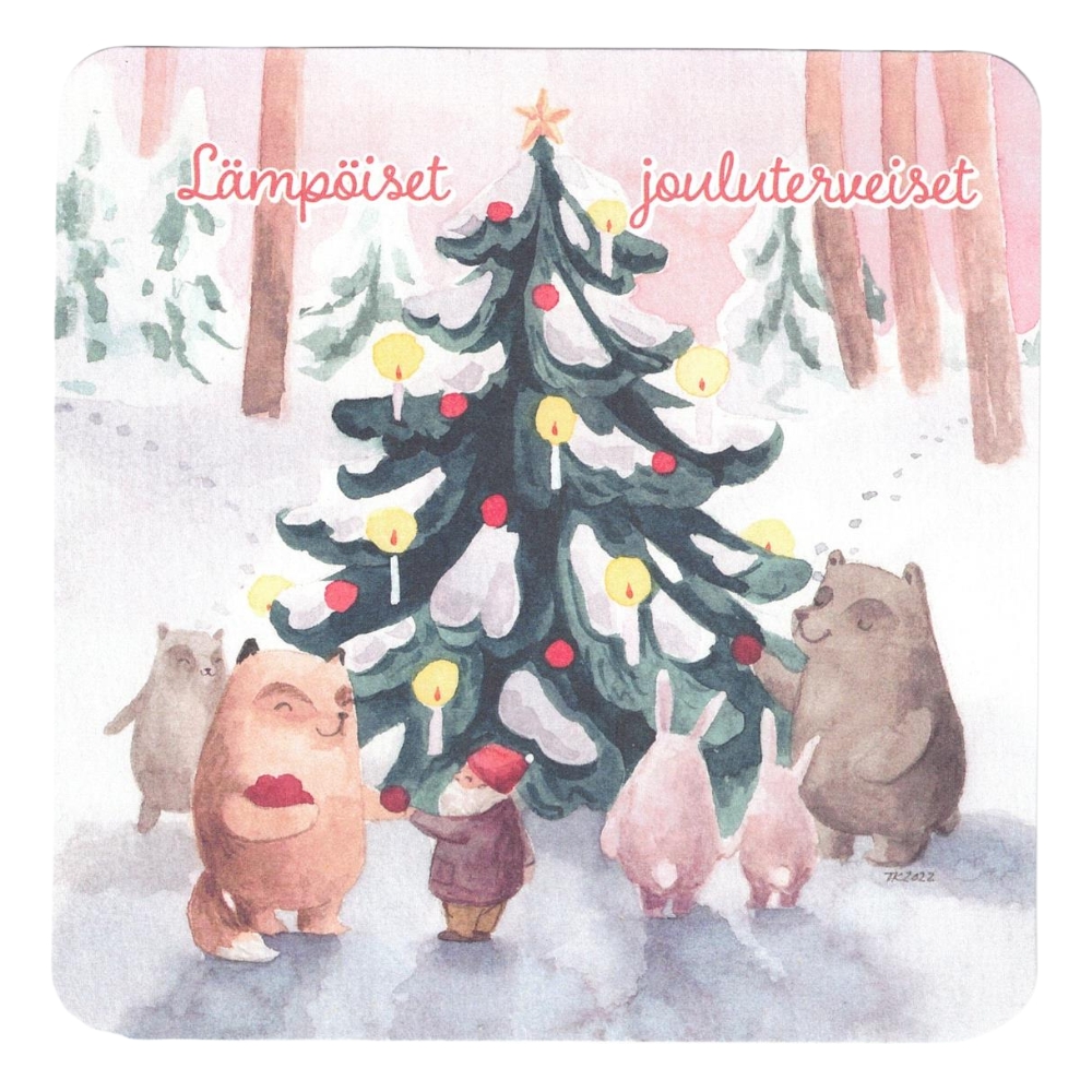 Joulukortti Linnapaperi: joulukuusi ja eläimiä