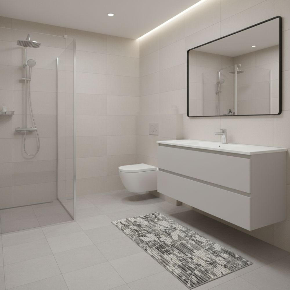 Kylpyhuonematto SOFT 65 cm musta-valko kuvioita