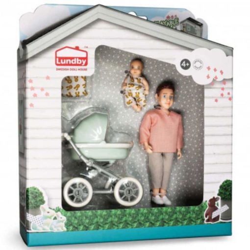 Lundby nukkekodin mies, vauva ja lastenvaunu