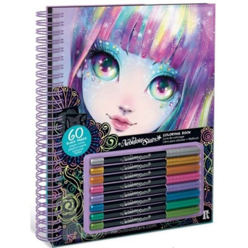 nebulous stars black pages colouring book and pens