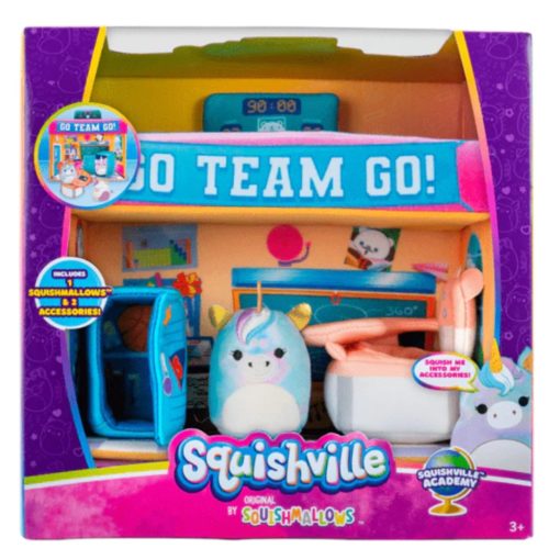 Squishville Squishmallows-pehmolelu hahmo ja luokkahuone