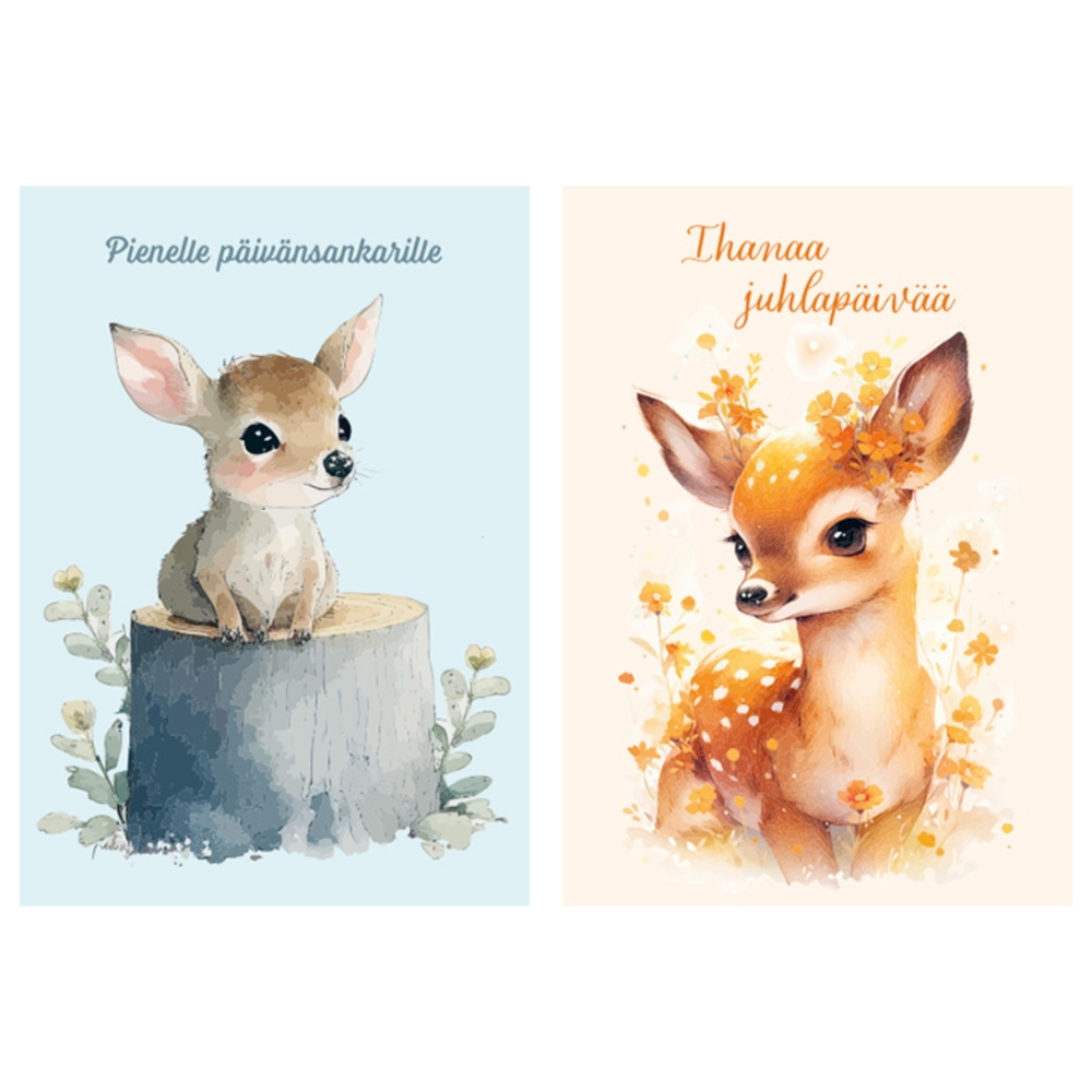 syntymäpäiväkortti: peuranvasa kannon päällä tai peura ja kukkia